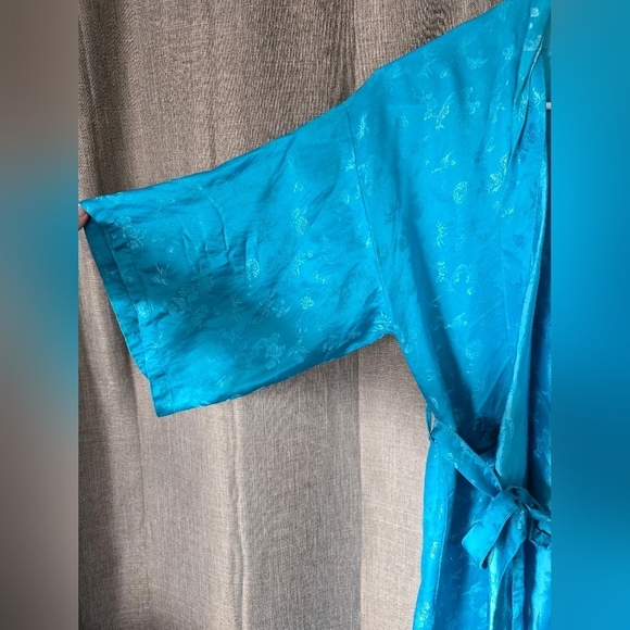 MEDAL Vintage 80s Blue Asian Inspired Satin Robe Size S Kimono Sleeves - Picture 4 of 5
